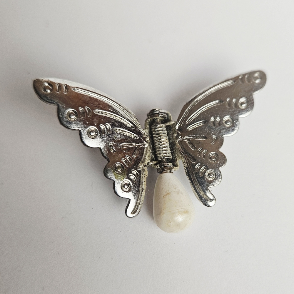Silver Butterfly Brooch with Cream Accent